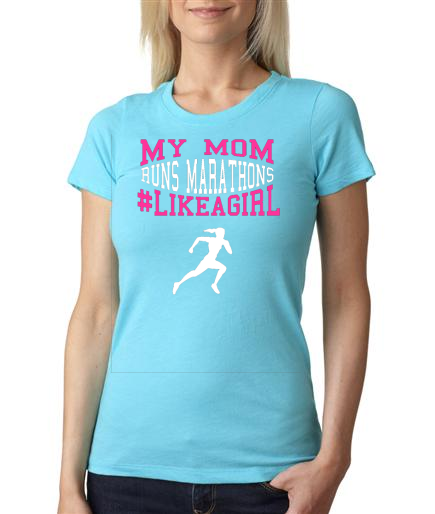 My Mom Runs Marathons Ladies Tri Blend Crew Blue Shirt